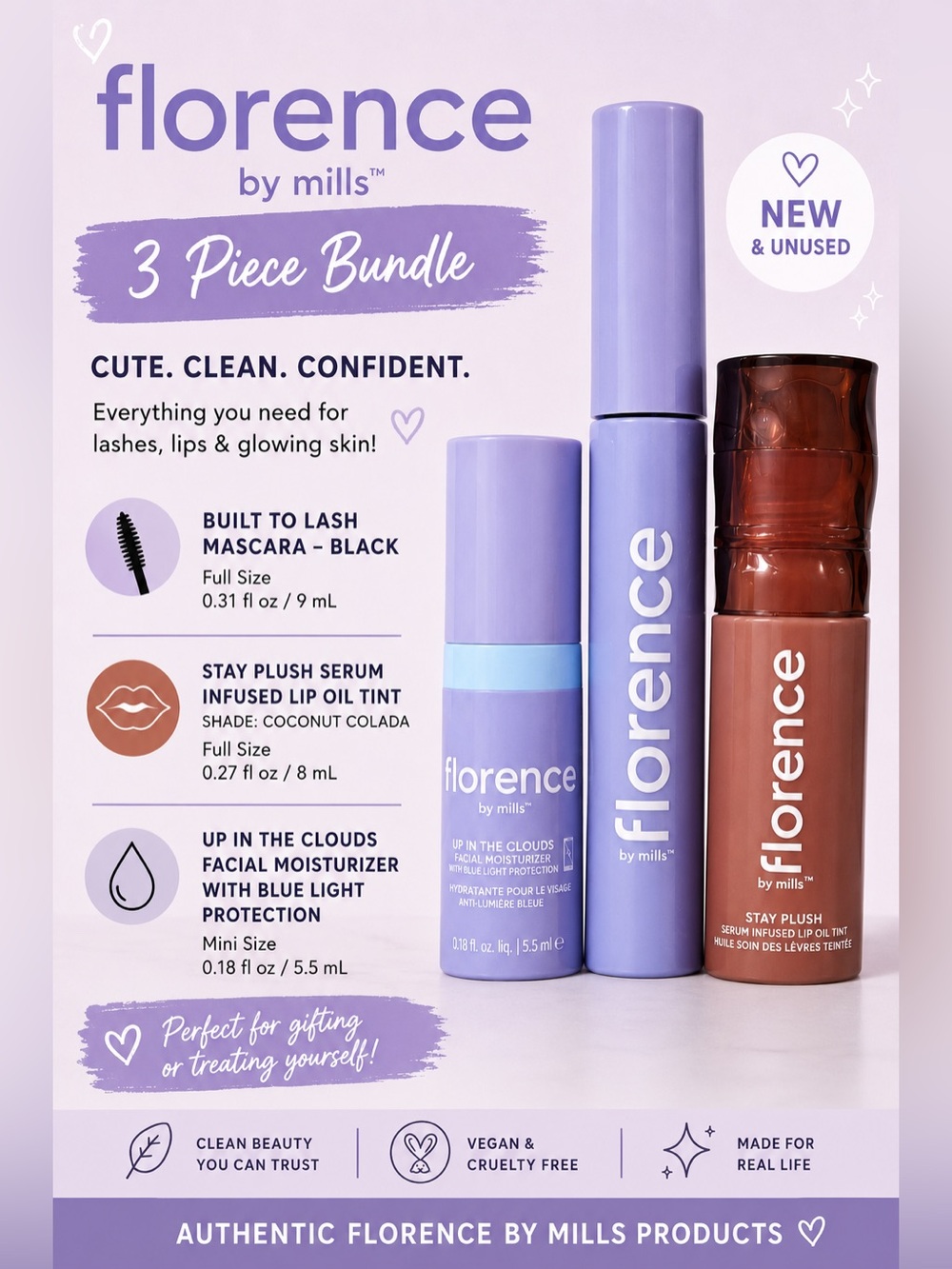 Florence by Mills Beauty Bundle – Mascara, Lip Oil Tint & Mini Moisturizer – NEW